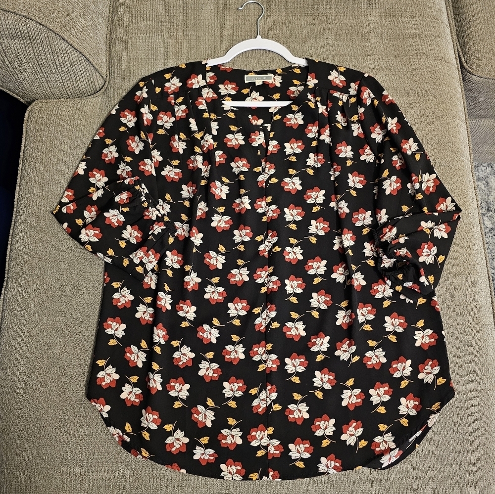 Pleione Black Red Floral Office Career Casual Top Blouse Size Large